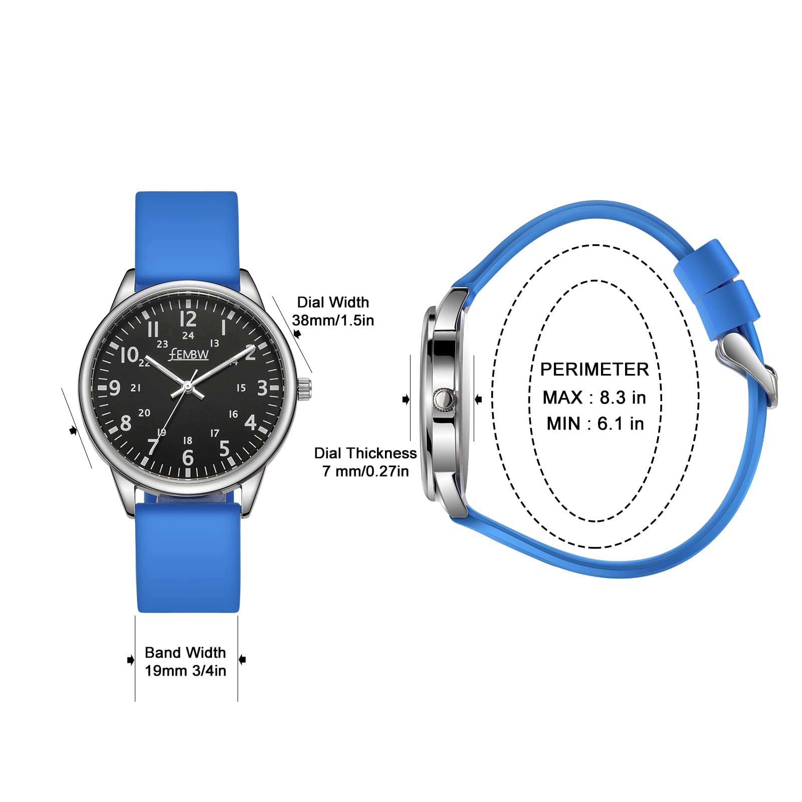 FEMBW Orologio da donna in silicone, cinturino in silicone, quadrante di facile lettura, lancette luminose, lancetta dei secondi, resistenza all'acqua 50M