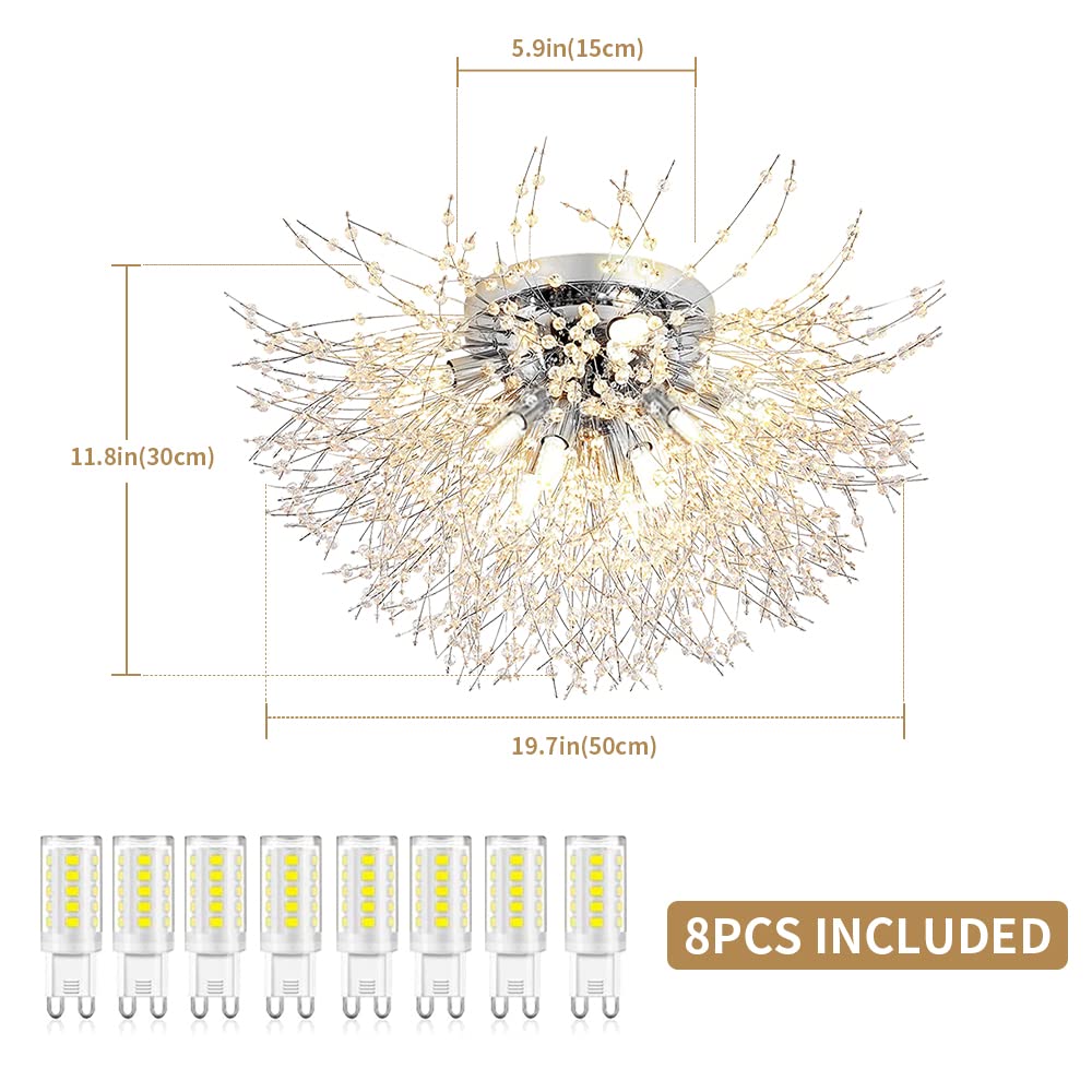 Lampa sufitowa fajerwerków, nowoczesny kryształowy żyrandol w kształcie mniszka lekarskiego, 8 świateł (LED G9 w zestawie) 56 taśm kryształowych, 3 rodzaje temperatury barwowej (3000K, 4000K,