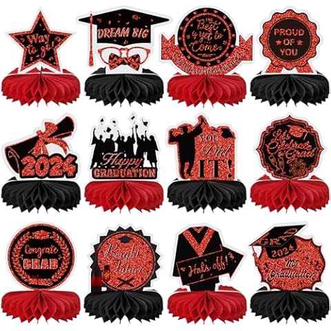 12PCS Graduation Decorations Class of 2024, Congrats Grad Table Centerpieces Graduation Honeycomb Centerpieces Grad Party Centerpieces 2024 Graduation Decorations for Party, Red Cover