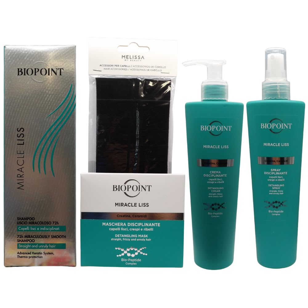BIOPOINT SET MIRACLE LISS: SHAMPOO 200 ML + MASCHERA 200 ML + SPRAY 200 ML + CREMA 72H 200 ML + FASCIA CAPELLI