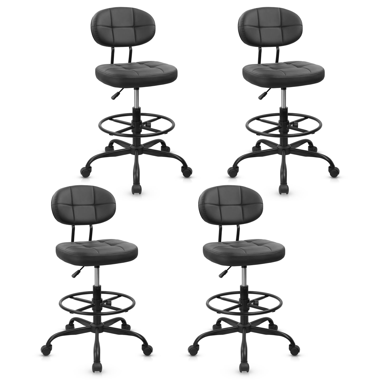 KLASIKA Drafting Stool with Backrest, Tall Adjustable Height Office Chair, PU Leather Swivel Rolling Stool with Footrest &amp; Wheels for Standing Desk, Bar, Salon, Spa, Lab, Counter, Home, Black，4PK