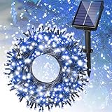 [Amazon限定ブランド] AKIRARI ソーラーライト イルミネーションライト クリスマスライト ストレート 定番商品 ソーラー充電式 8パターン 200球 20m コントローラー付き 自動ON/OFF 夜間自動点灯 昼消灯 省エネ IP65防水 ガーデン 屋外 防雨 メモリー記憶 (2色ブルー・ホワイト（青白）)