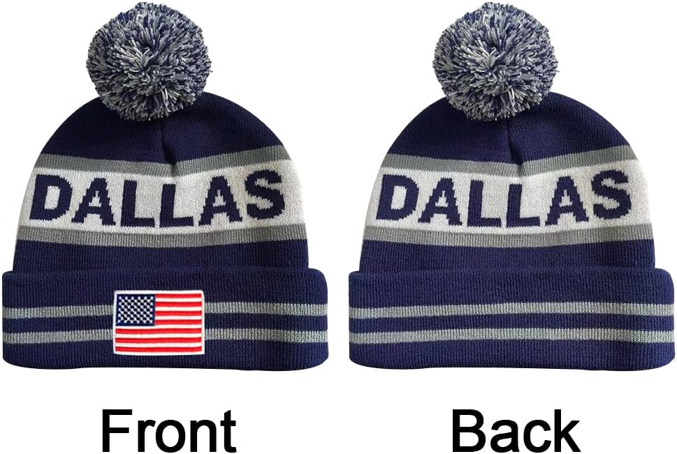 US Flag City Football Embroidery Classic Pom Cuff Dallas Beanie Hat Cuffed Winter Soft Beanie Knit Pom Hat Cap Blue - Image 2