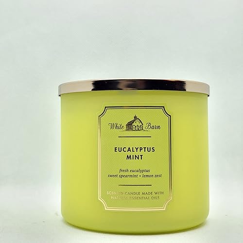 Bath & Body Works, White Barn - Vela de 3 mechas con aceites esenciales, 14.5 onzas, nuevos aromas centrales (menta de eucalipto)
