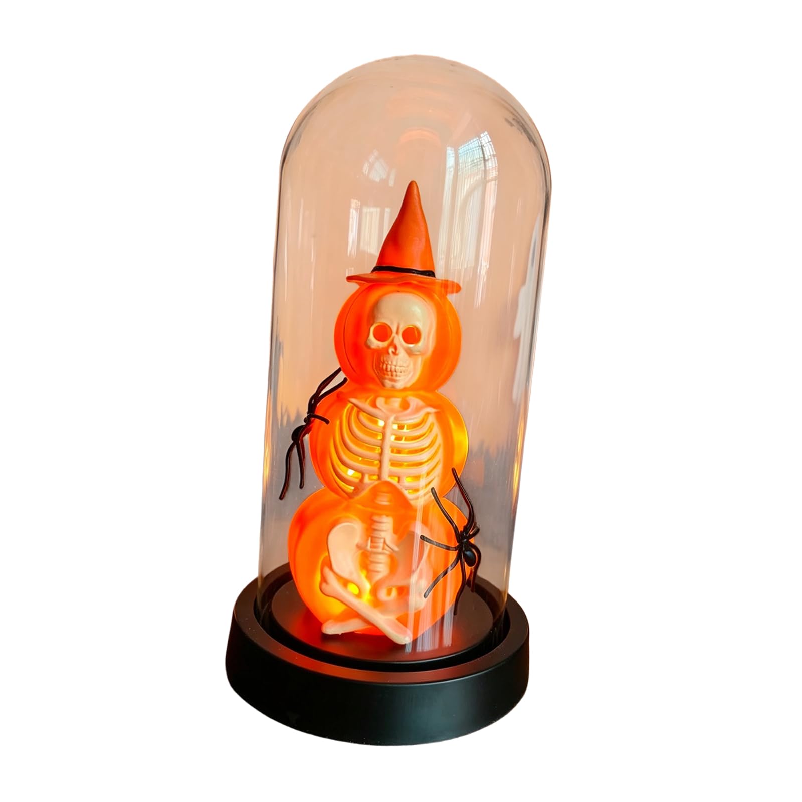 SHINLHUA Indoor Halloween Table Decor with Lighted Pumpkin Skeleton Under Glass Dome, Compact Centerpiece for Shelf or Desk Mantel Accent