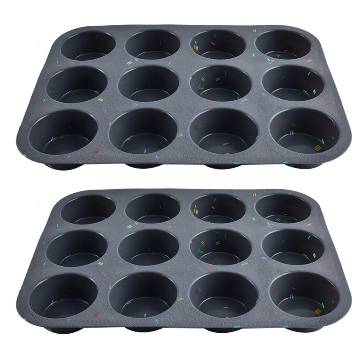 Molde de silicona para 12 muffins – Antiadherente, para repostería casera, diseño gris con motas amarillas – Apto para horno y congelador