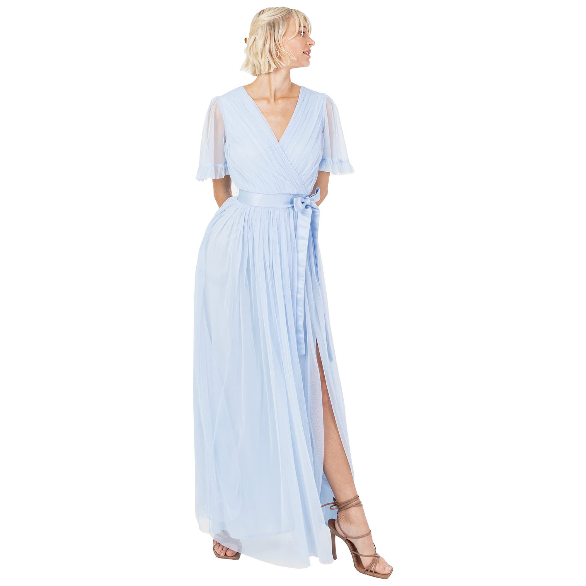 Maya Deluxe Women's Maxi Dress Women V Neckline Short Sleeve Frilly Long Empire Waist for Wedding Guest Bridesmaid Maid of Honor Dress