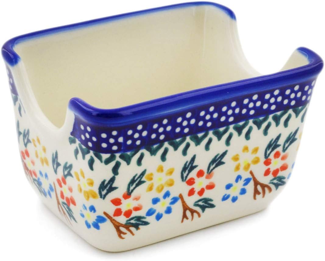 Polmedia Polish Pottery Sugar Packet Holder - Spring Flower Ring Pattern Handmade in Boleslawiec Poland by Ceramika Bona + Certificate of Authenticity