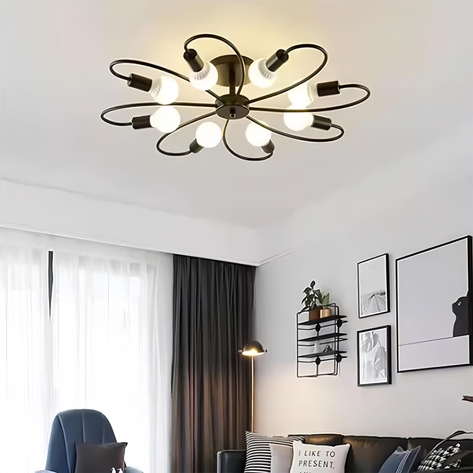 Lámpara de techo minimalista Sputnik lineal de hierro negro con 8 portalámparas E27 8
