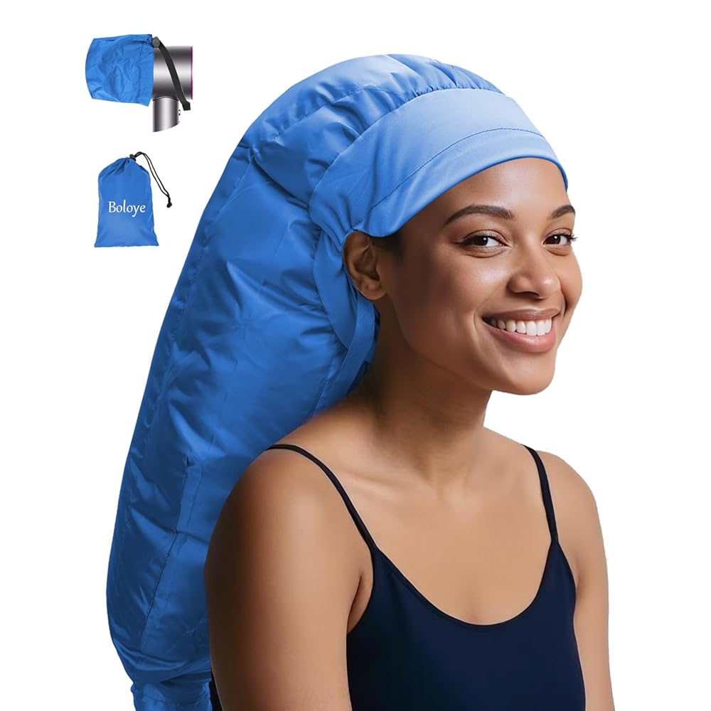 Boloye Hair Dryer Bonnet Attachment - 28.5 XL Hooded Dryer Cap for Faster Drying & Deep Conditioning, Extra-Large Space Fits Thick, Curly Hair & Styling Tools (Blue, Extra Large)