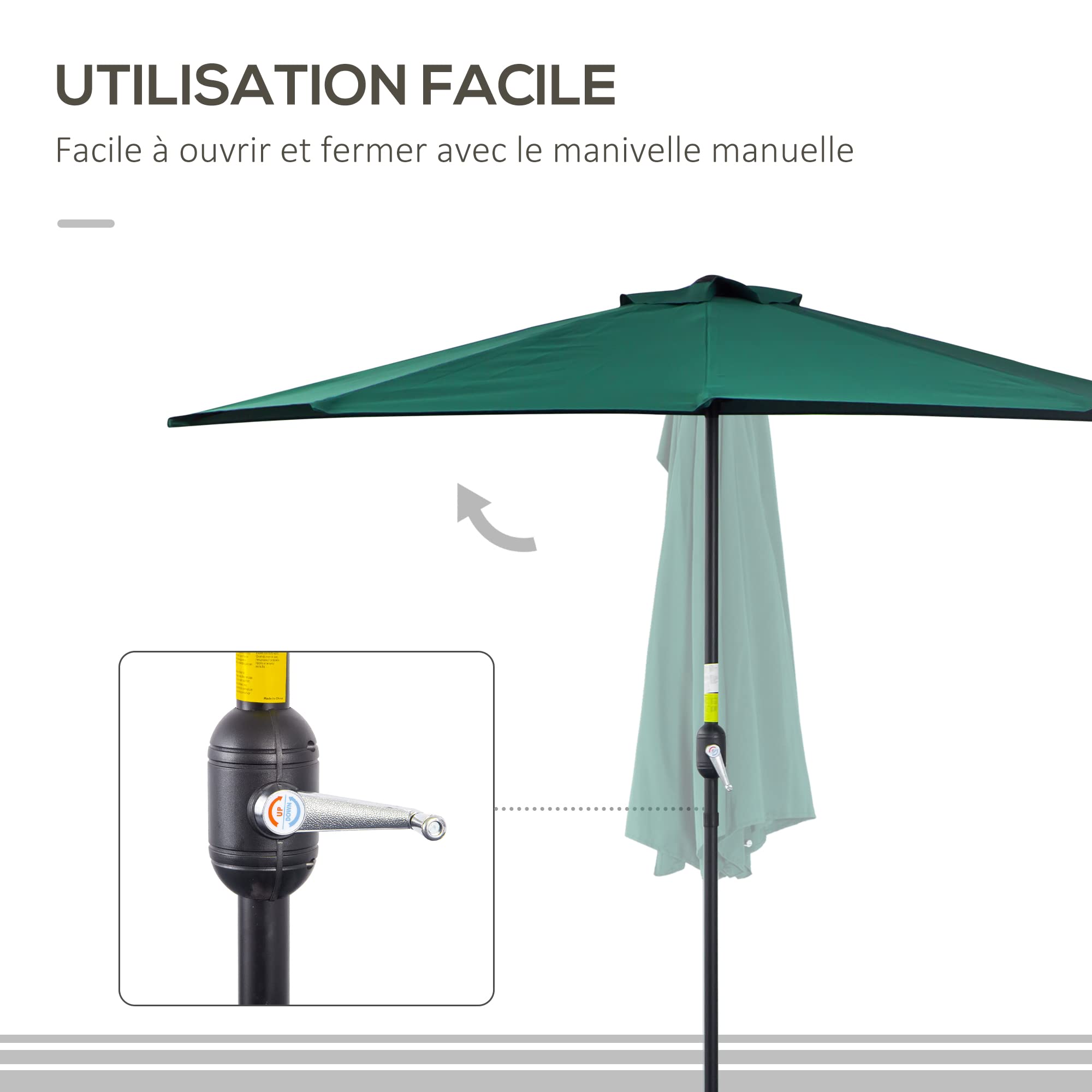 Outsunny Demi-Parasol Ø 2,7 m parasol de balcon 5 entretoises métal polyester