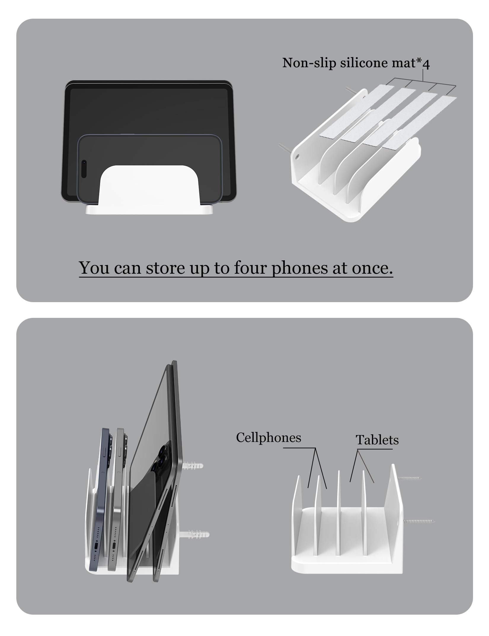 Soporte de pared para teléfonos inteligentes y tabletas, estante para teléfono con estación de acoplamiento de 4 ranuras para tablet, iPad, organizador de carga de pared Kindle (blanco)