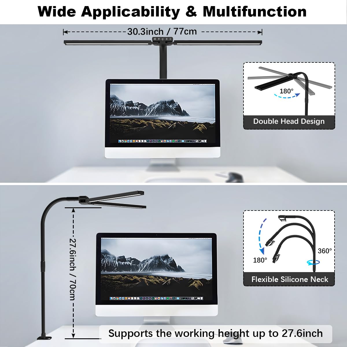 bravzurg Lampada da scrivania a LED con sensore di luce e morsetto, 24W lampade tavolo a doppia testa, super luminosità, ultra ampia, dimmerabile, per pc monitor/ufficio/studiare/schermo
