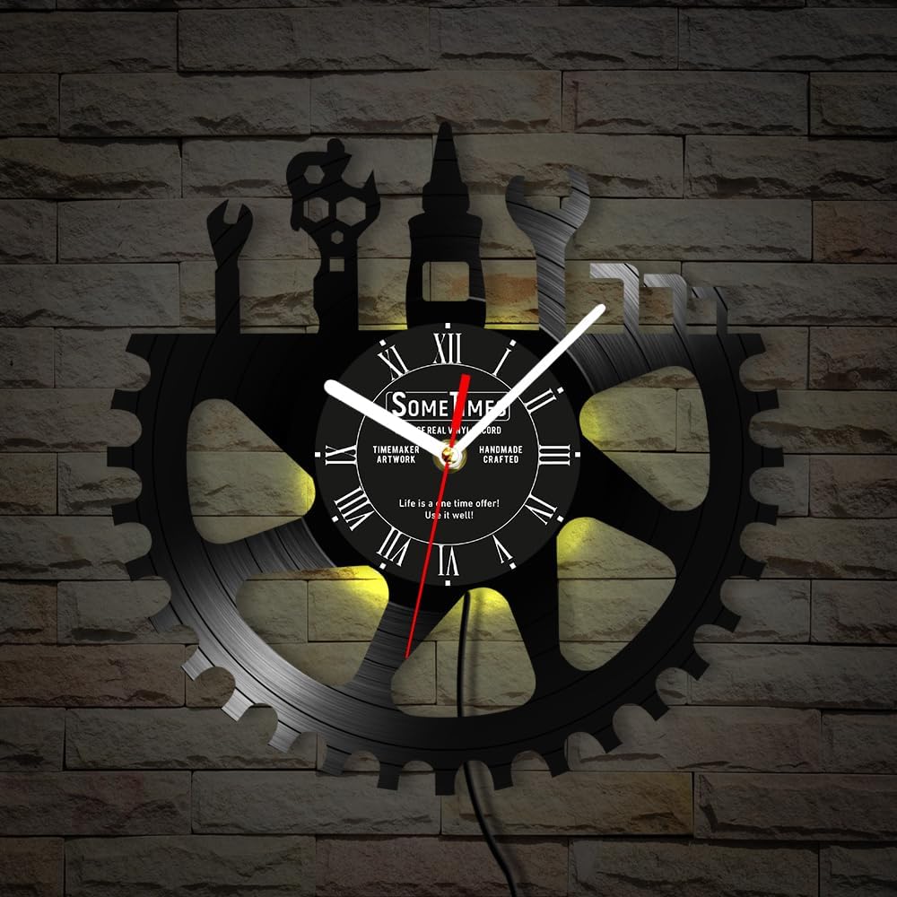 The Geeky Days Personalized Car Repair Tools Wall Clock, 7 Color LED Light Auto Repair Mechanic Tools Vinyl Record Wall Clock Silent Clock Man Cave Garage Wall Sign Gift for Father's Day Husband 12''