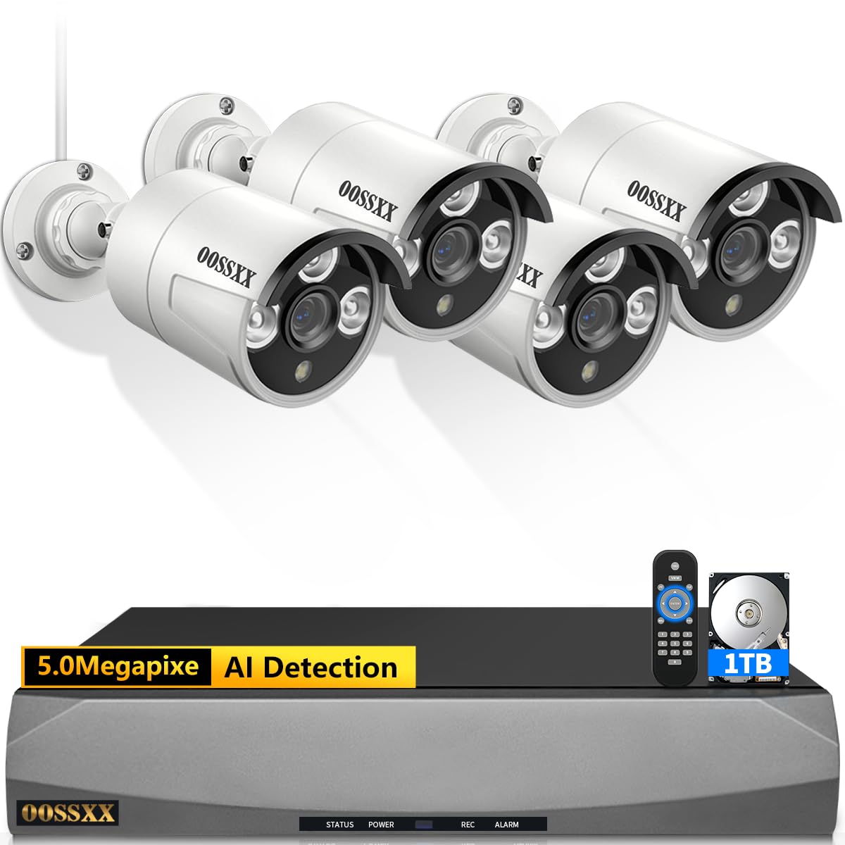 OOSSXX (HD 2.7K 5.0MP with Audio) 60 Days Storage Outdoor Wired Security Camera Systems PoE Outdoor Surveillance Video System