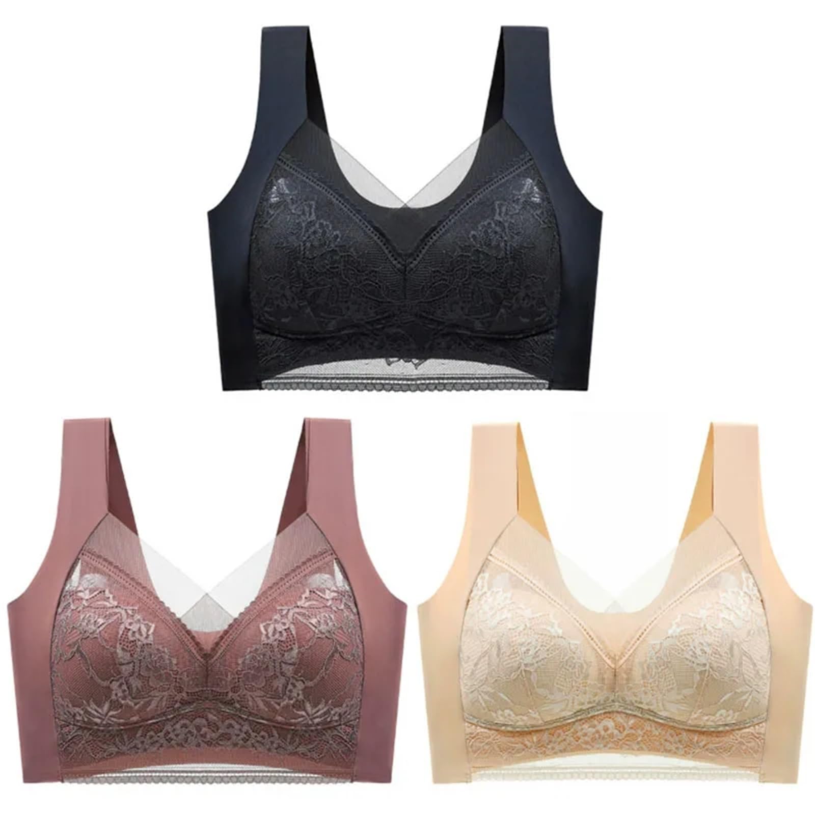 Sujetador de Mujer Sujetador básico de Encaje Talla Grande for Mujer, 3 Piezas, antiflacidez, Fino, con Relleno, Seda Helada, sin Costuras para Diario(4L (70-80kg),Deep Green)
