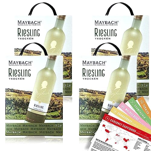 Maybach Riesling QbA, trocken, Bag-in-Box, sortenreines Weinpaket + VINOX Winecards (4x3,0l)
