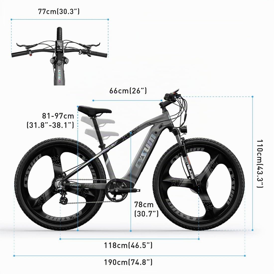 Cysum MTB elettrica da 29 pollici per uomo, bicicletta elettrica da montagna per adulti, bicicletta elettrica tutto-terreno, batteria al litio rimovibile 720 Wh, autonomia 90-120 km, freno a disco