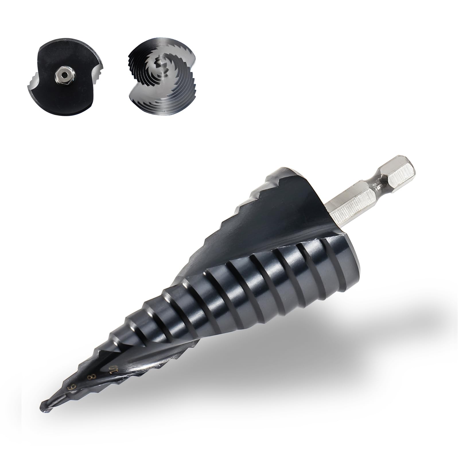 Broca Escalonada para Metal Ø 4-32mm, HSS M42 Broca Conica TiAlN Cobalto, con Vástago Hexagonal, Profesional 15 Pasos Doble Espiral Brocas para Acero Inoxidable, Metal Duro, Madera, Plástico
