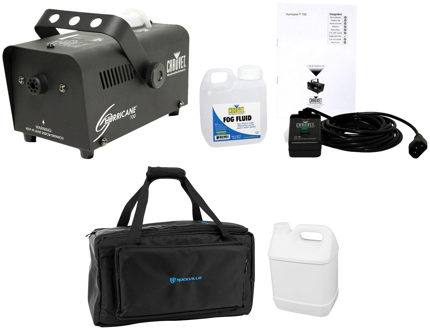 Audiosavings Bundle:(1) Chauvet DJ Hurricane 700 H-700 Fogger H700 Fog/Smoke Machine + Fog Fluid Bundle With (1) Rockville BAG1200 Waterproof Travel Bag For Fog/Haze Machine+Fluid Container (Items 2)