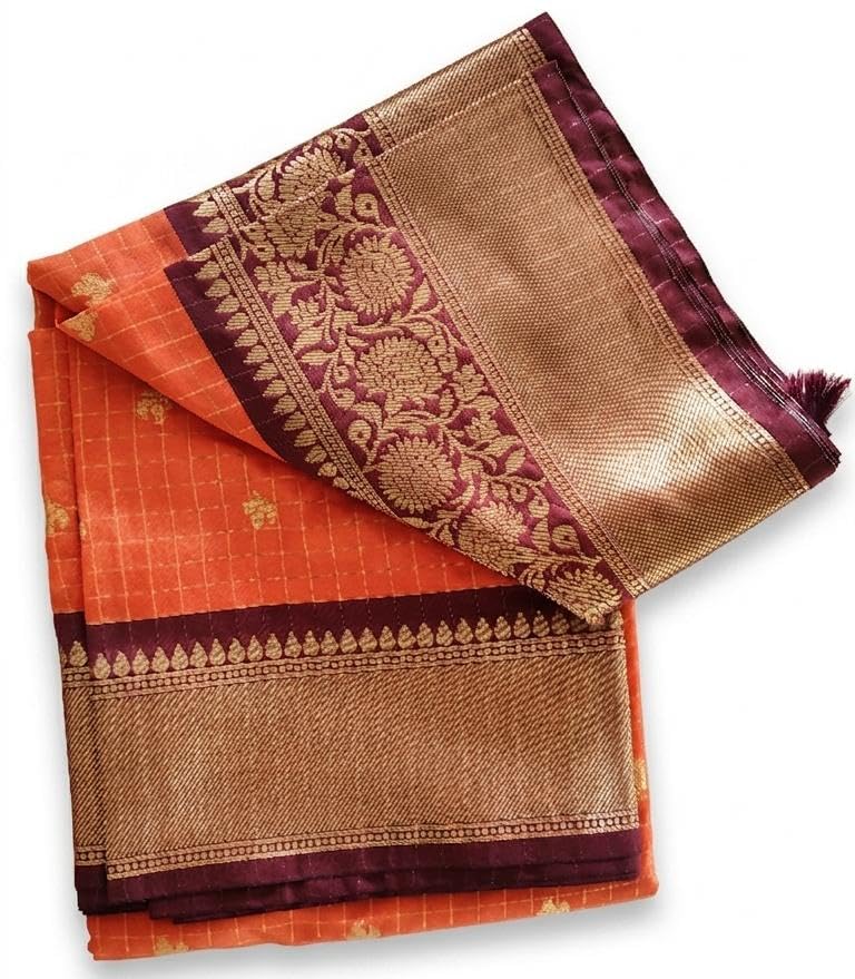 Image of Orange Silk Saree with Gold Zari Border and Floral Motifs, Traditional Indian Ethnic Wear