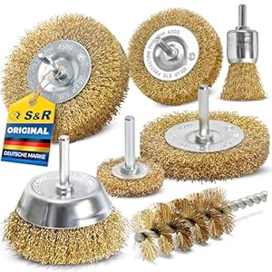 S&R Drahtbürste Set 7-teilig für Bohrmaschine Stahldraht vermessingt - Rundschaft 6mm - Scheibenbürsten 38, 50, 75, 100 mm, Topfbürste 75 mm, Pinselbürste 25 mm, Rohrbürste Drahtbürstensatz