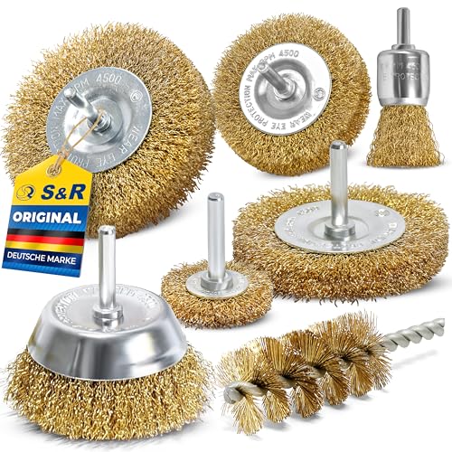 S&R Drahtbürste Set 7-teilig für Bohrmaschine Stahldraht vermessingt - Rundschaft 6mm - Scheibenbürsten 38 50 75 100 mm Topfbürste 75 mm Pinselbürste 25 mm Rohrbürste Drahtbürstensatz