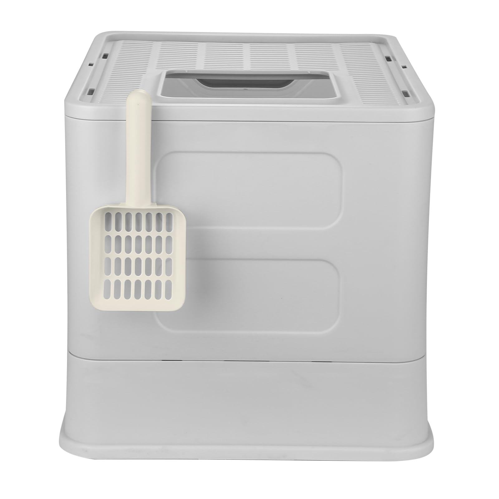 Caja para gatos con bandeja y pala extraíbles de acero inoxidable, bandeja de arena para gatos plegable para entrada delantera y salida superior para grandes y pequeños, 49 x 35 x 37 cm