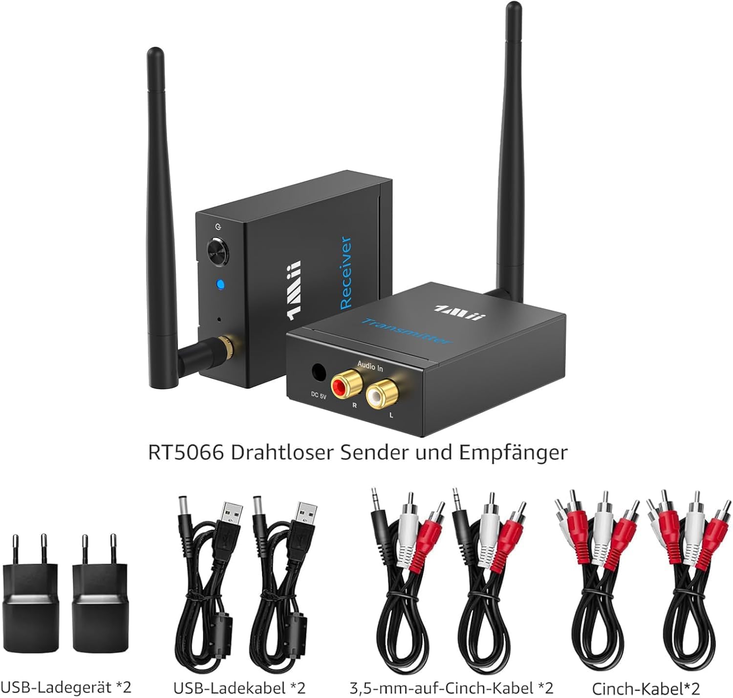 1Mii (1 TX + 1 RX) Drahtlos Audio Sender Empfänger, 2,4 G Funk Übertragung | Low Latency für HiFi-Musik von TV/PC zu Aktivlautsprecher/Verstärker/AV-Receiver, Cinch-Anschluss, 100m Große Reichweite