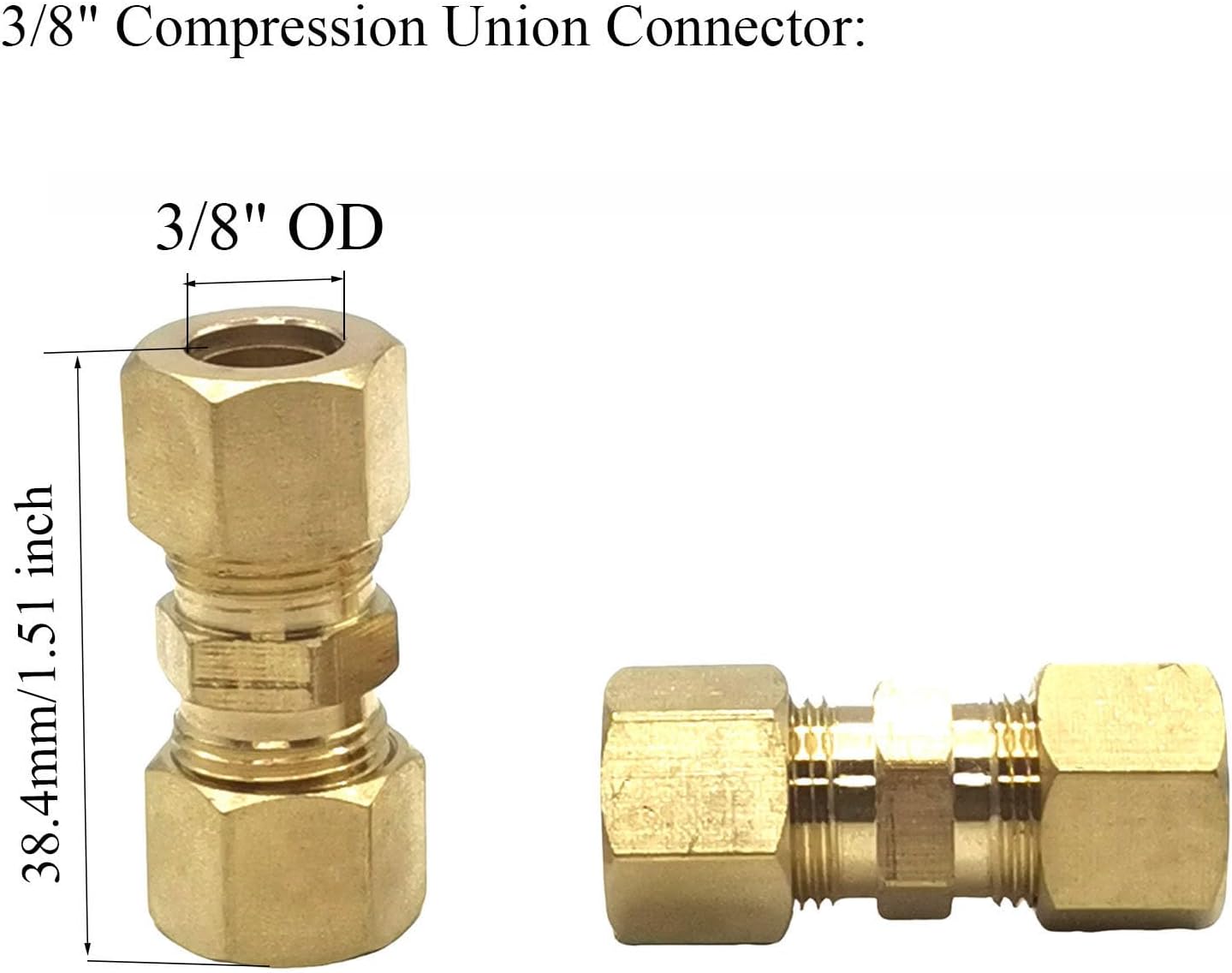 3 Pcs 3/8" OD x 3/8" OD Compression Tube Fittings, Brass 3/8" Compression Union Connectors for Water Fuel Liquid Gasoline Oil Air and Vacuum Lines System