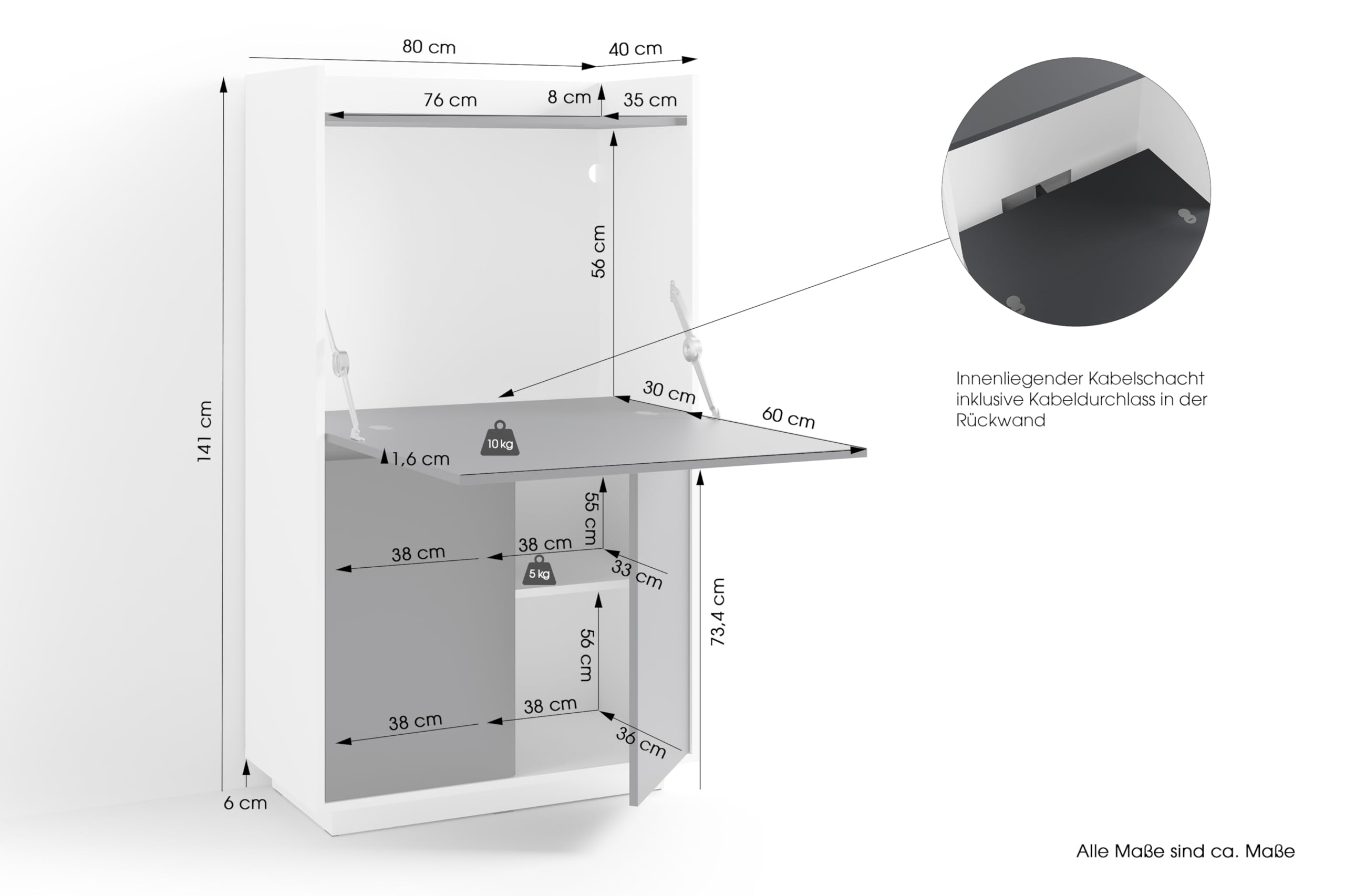 byLIVING Sekretär Hannes, Grifflos, Sekretär Mattweiß - anthrazit | Office-Schrank mit 1 Klappe und 2 Türen, B 80, H 141, T 40 cm