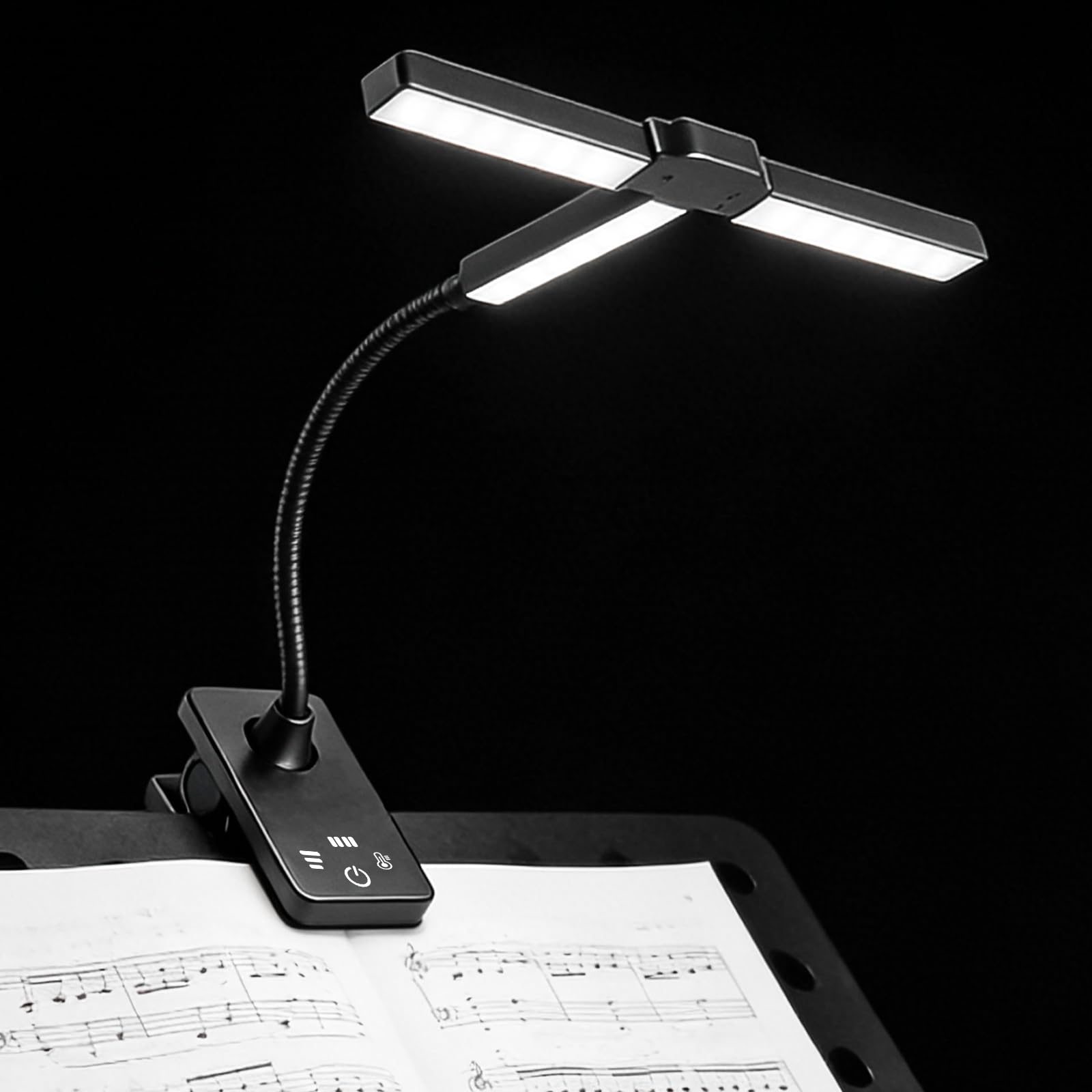 GBKDQQ 3 Kopf Notenpultleuchte Mit Clip: Dimmbar Klavierlampe Faltbar, Flexible USB-C Wiederaufladbar, Superhell 57 LEDs, 4 Farben x 12 Helligkeit, für Lesen und Musiknotenbeleuchtung