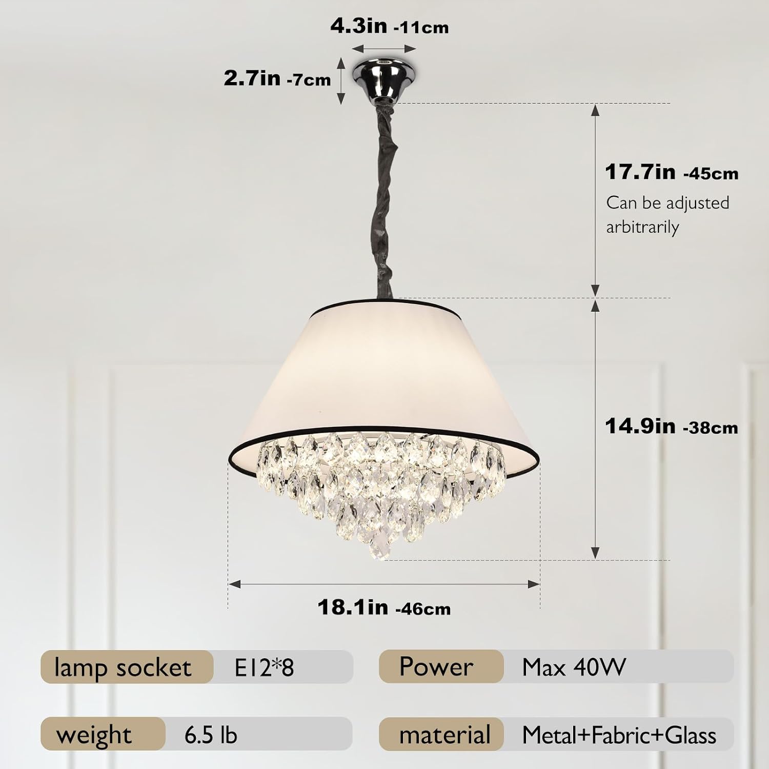 Crystal Pendant Lamp Round Linen Chandelier, Adjustable Height,E12 Bulb, Living Room, Foyer, Bedroom, Kitchen Island Lighting Fixture, Contemporary Style Elegant Lighting (8/460white+Black)