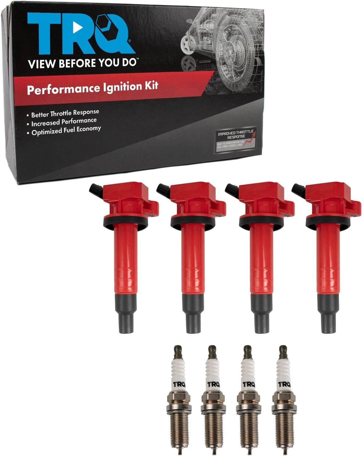 TRQ Ignition Coil and Spark Plug Kit 8 Piece Iridium Spark Plugs Compatible with 2000-2002 Chevrolet Prizm 2003-2008 Pontiac Vibe 2000-2005 Toyota Celica 2000-2008 Corolla Matrix MR2 Spyder