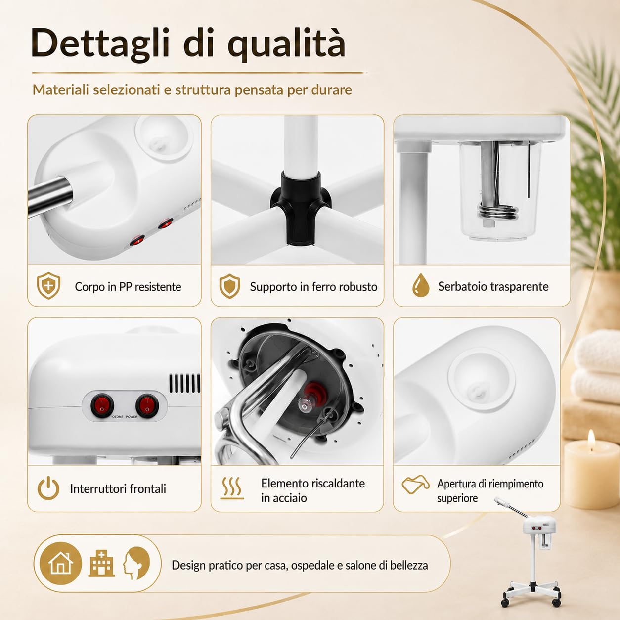 Professionale Vaporizzatore Viso 750 W Vapore di Ozono per Estetica, Spray Denso Sauna Viso Ozono, Profonda Pori Ugello Girevole con Ruote Universali