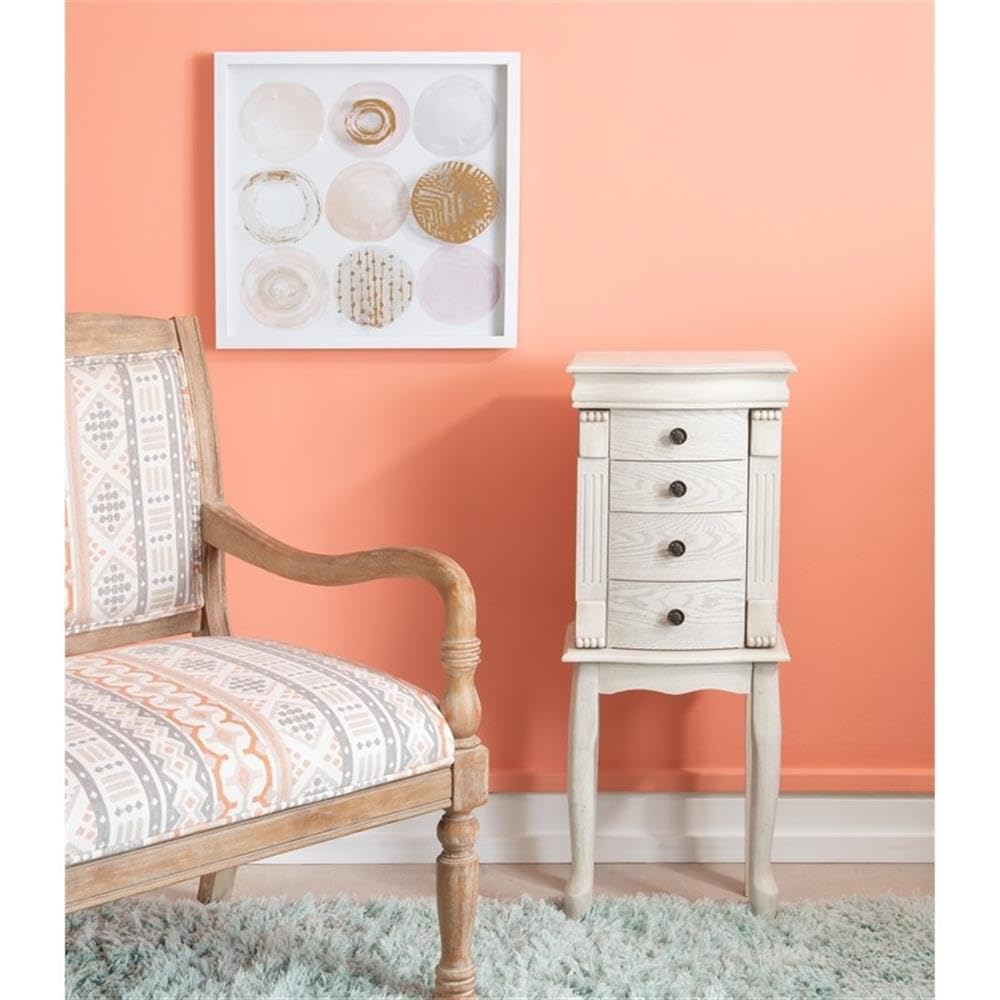 Linon Azalea Wood Jewelry Armoire 4 Drawers Top and Side Storage in Off White