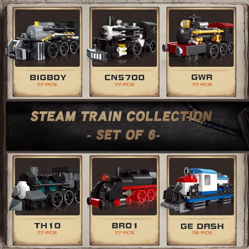 Apostrophe Games 6 in 1 Steam Trains Building Block Set – 463 Pcs – Variety of 6 Trains, Unique Retro Style Model Set, Engineering & Construction Toys for Kids and Adults