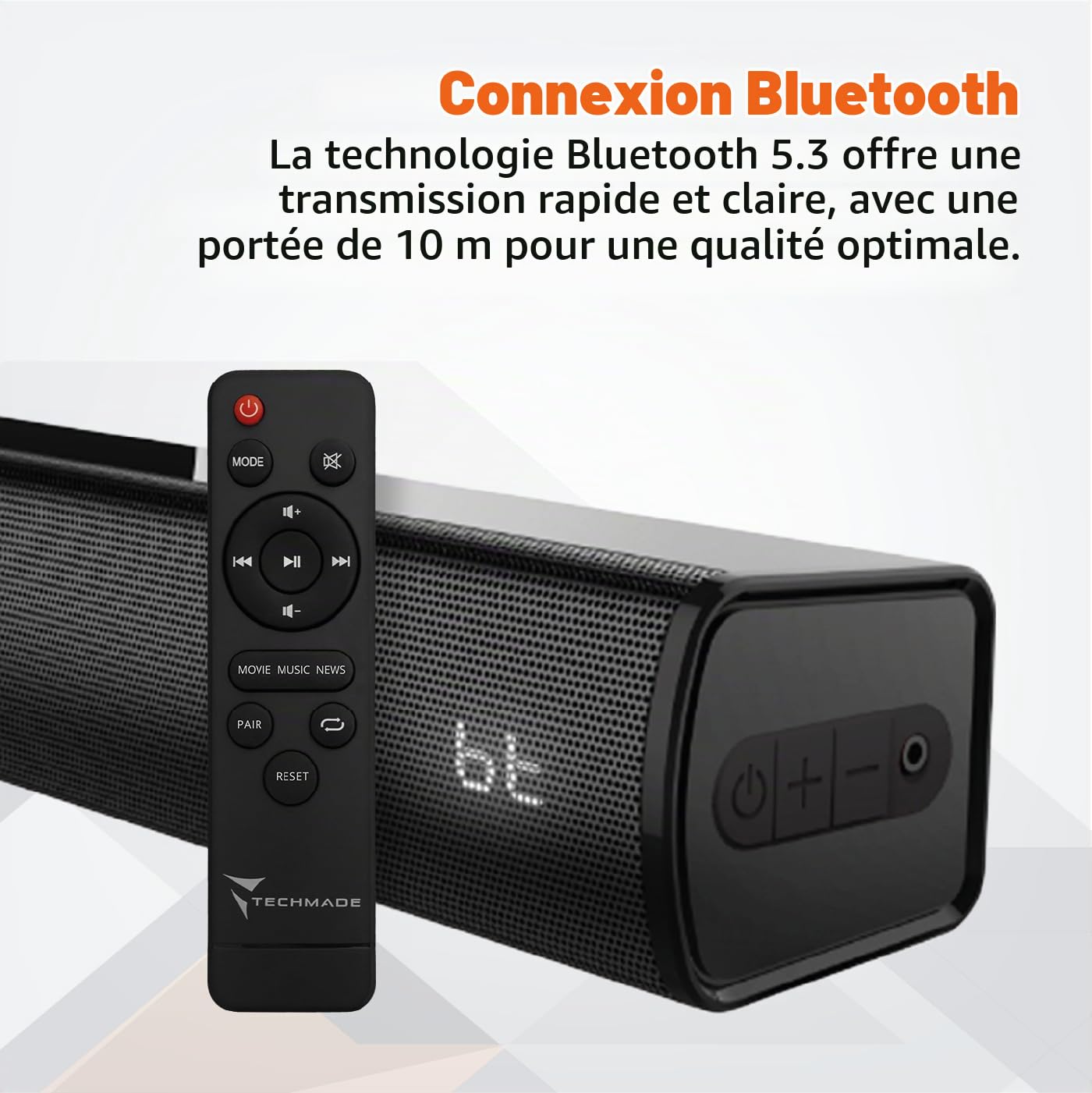 TECHMADE Barre de son TV 2.0 Bluetooth - Puissance maximale 120 W - Entrées HDMI ARC/USB/AUX/optique - Audio puissant, basses profondes - Compacte, installation murale