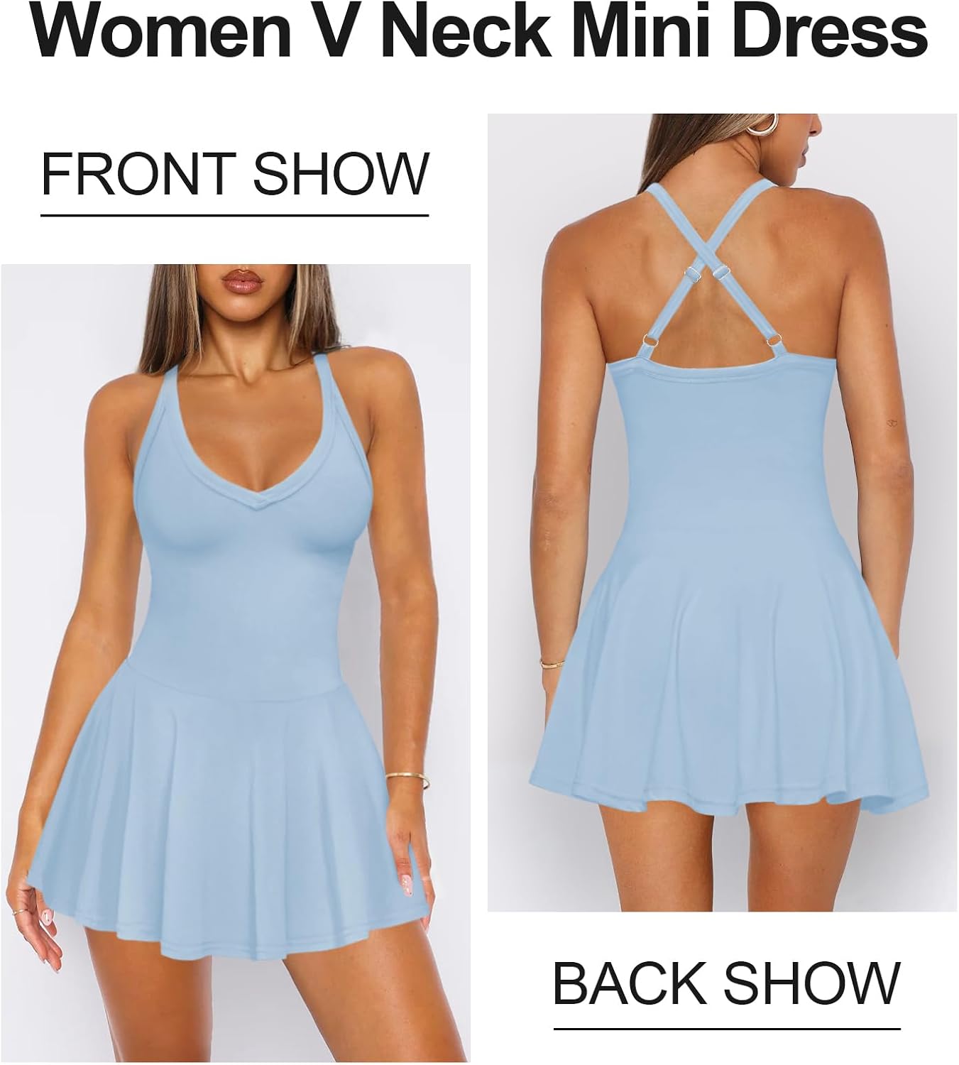 Hragc Women's Sexy V Neck Pleated Flowy Tennis Dress for Women Athletic Golf Workout Summer Mini Dresses with Shorts Pockets