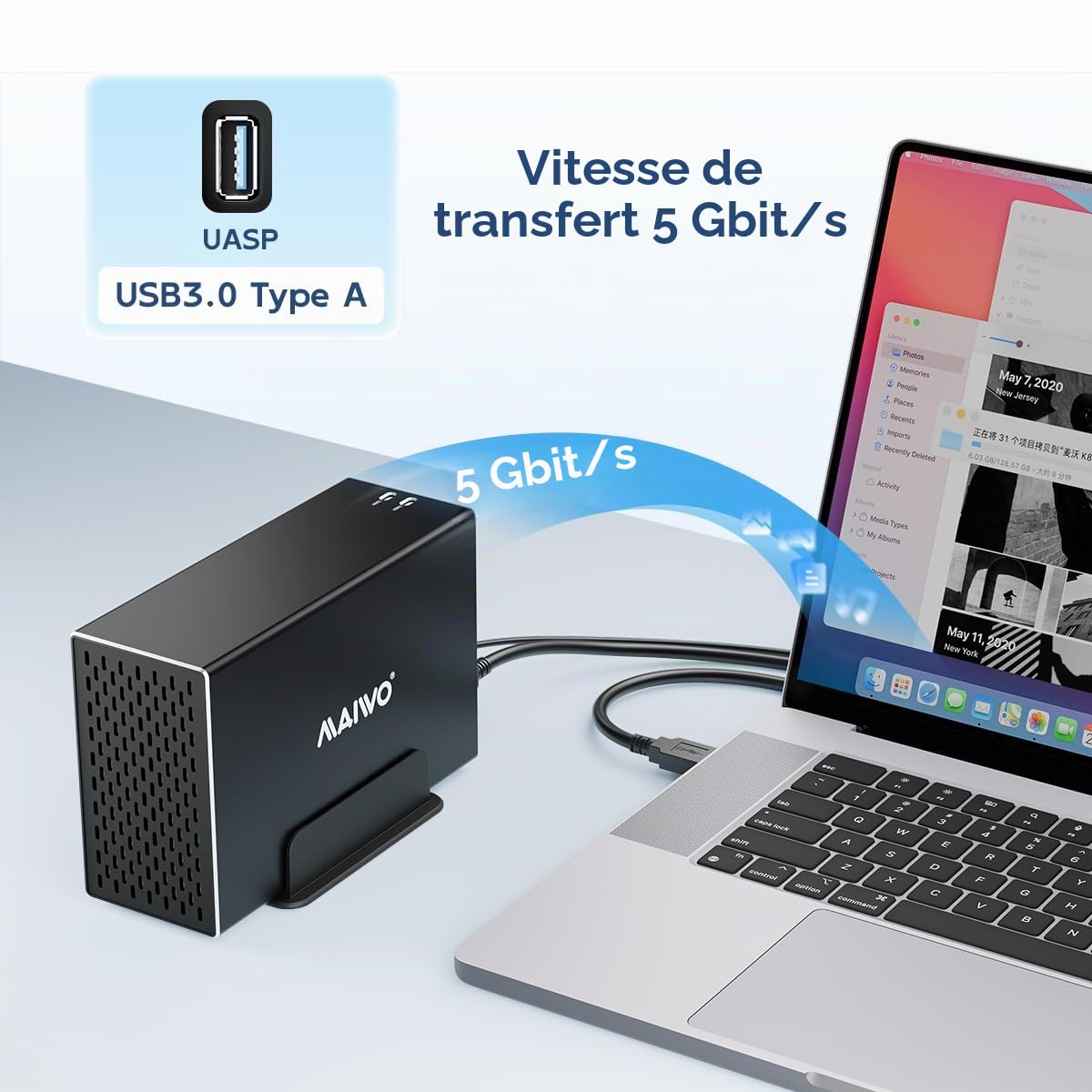 MAIWO Boîtier Raid à Double Baie avec Ventilateur de Refroidissement pour SSD SATA 2,5/3,5", boîtier USB 3.0 5 Gbit/s, capacité de 48 to, Raid 0/1/JBOD/PM, boîtier en Aluminium