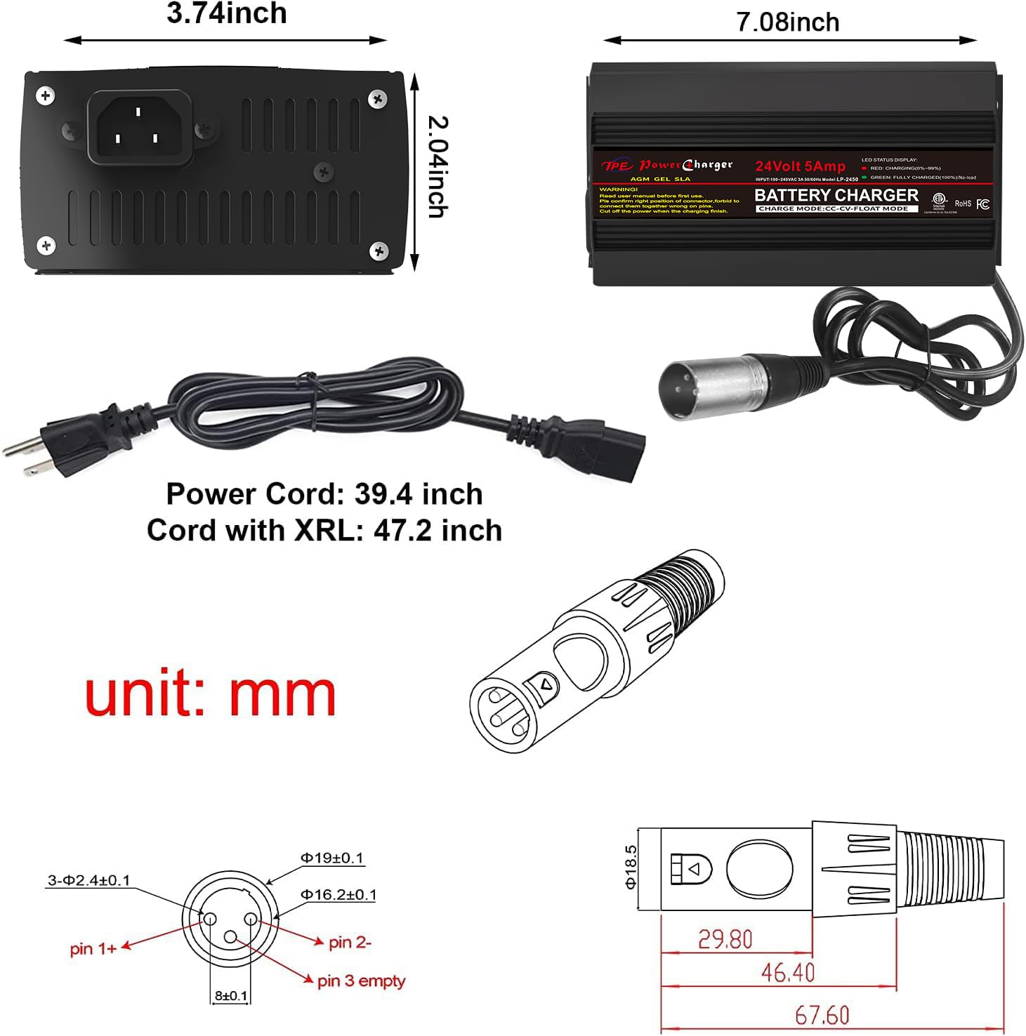 TPE 24V 5A Battery Charger, Automatic Smart Battery Charger, Trickle Charger Maintainer for Wheelchair