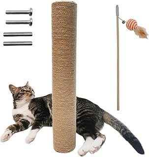 20"/50CM Tall Natural Sisal Spare Cat Scratching Post Replacement Pole 3.15" Dia. and Cat Feathers Wand Toy for Cat Tree Scratcher Rope Scratcher Posts Climbing Perch for Indoor Large Cats (Brown Sisal Color)