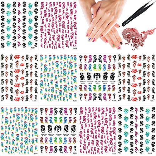 20 Sheets Dragon Nail Art Stickers 3D Self-Adhesive Dragon Nail Art Decals Dragon Pattern Nail Stickers Nail Art Decoration with Nail Tweezers for Fingernails Nail Art Accessories Decorations