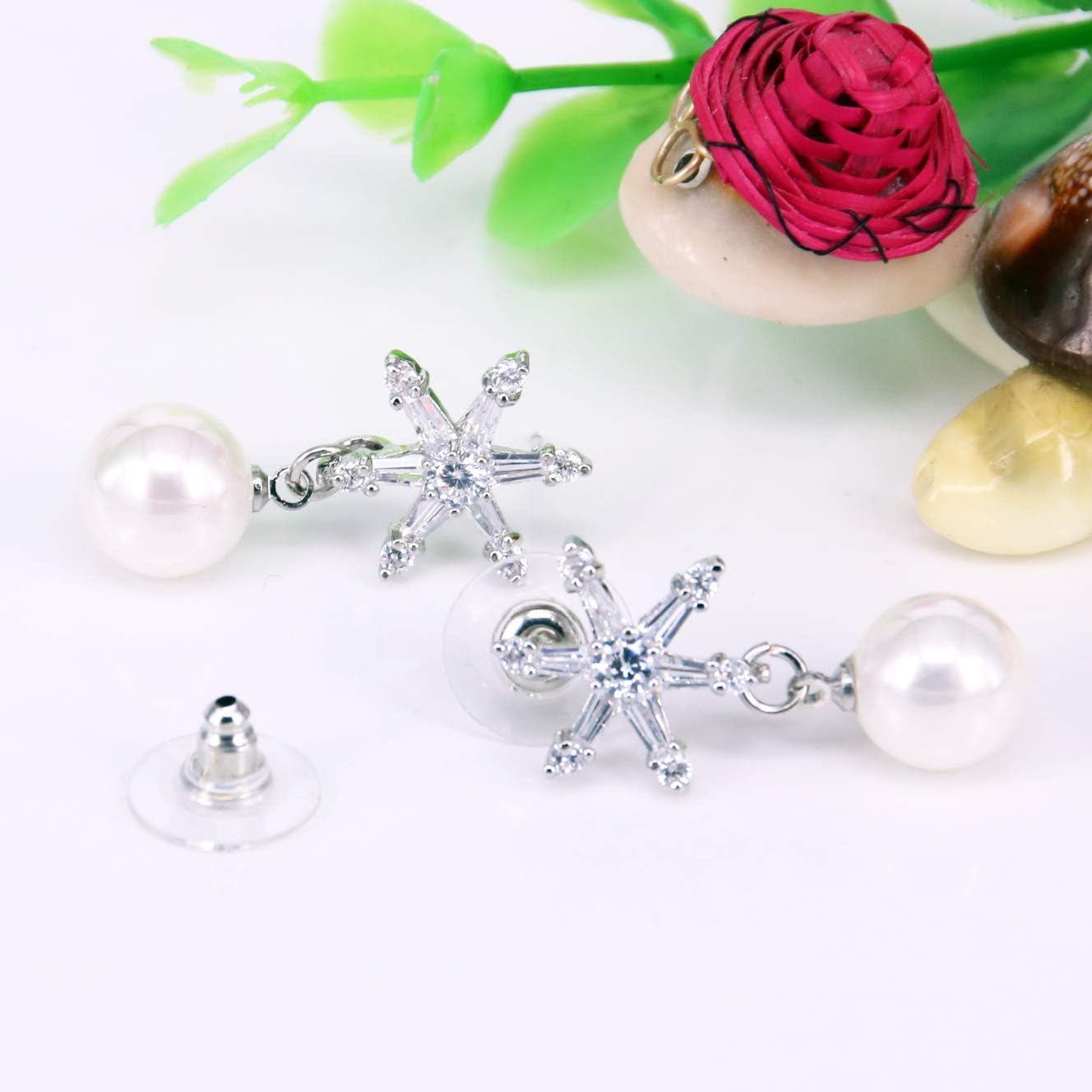 BiBeary Women elegant Zirconia Simulated Pearl Star Snowflake Dangle Earrings Silver-Tone, clear - Image 5