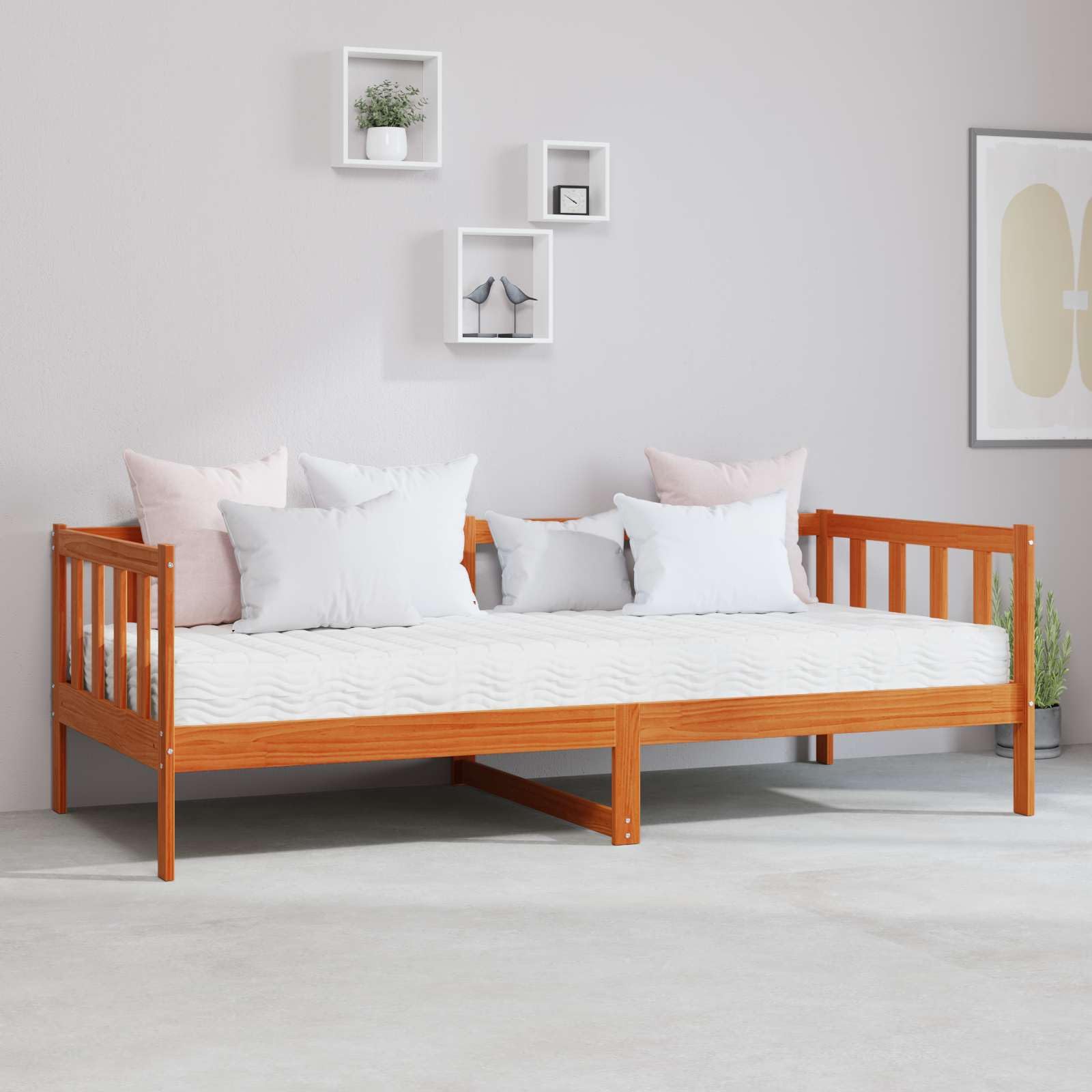 Cama de madera maciza de 90 x 200 cm en color marrón cera/blanco con colchón de 7 zonas y somier, sofá cama moderno para habitación juvenil, oficina en casa y habitación de invitados