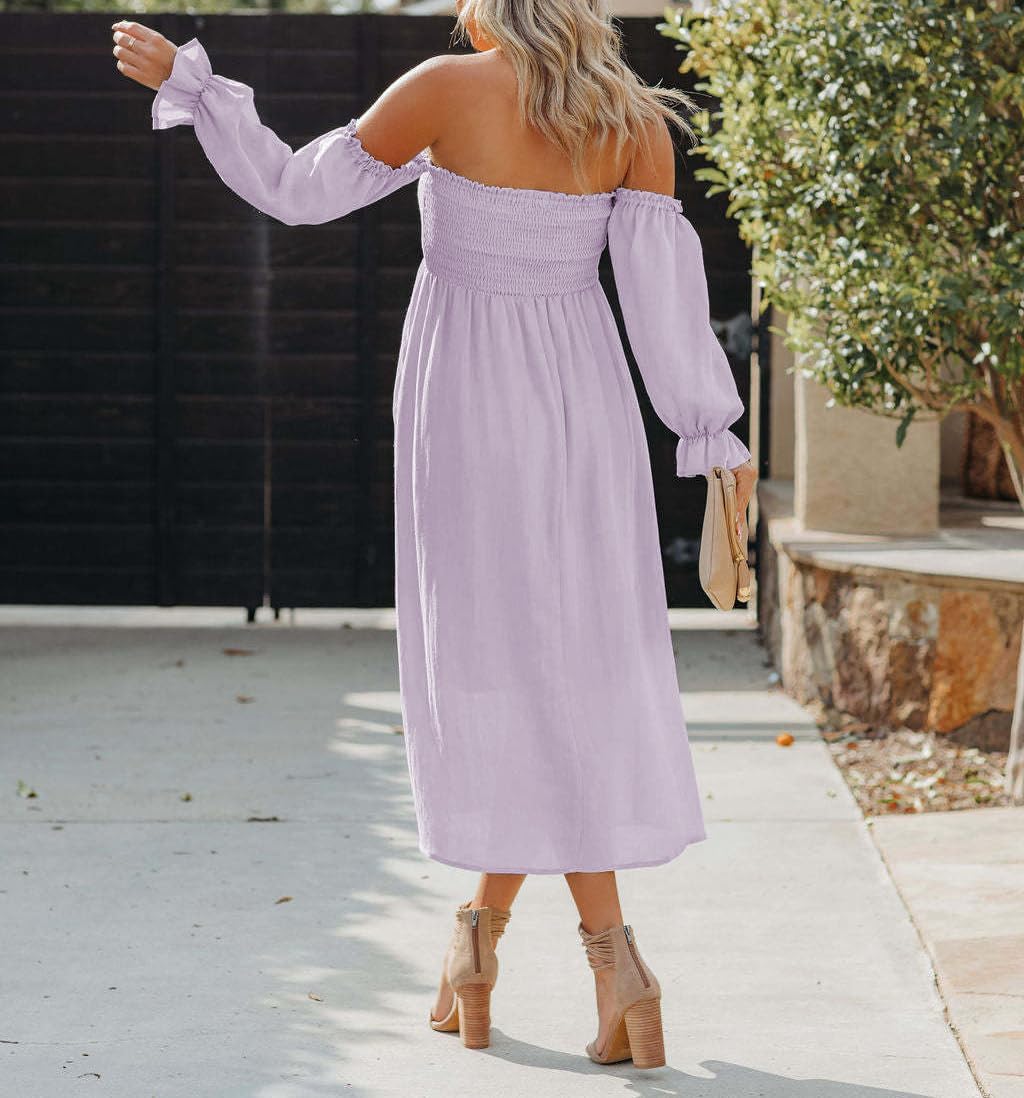 R.Vivimos Summer Dress for Women Long Sleeve Casual Plaid Print Smocked Off Shoulder A-Line Midi Dress - Image 5