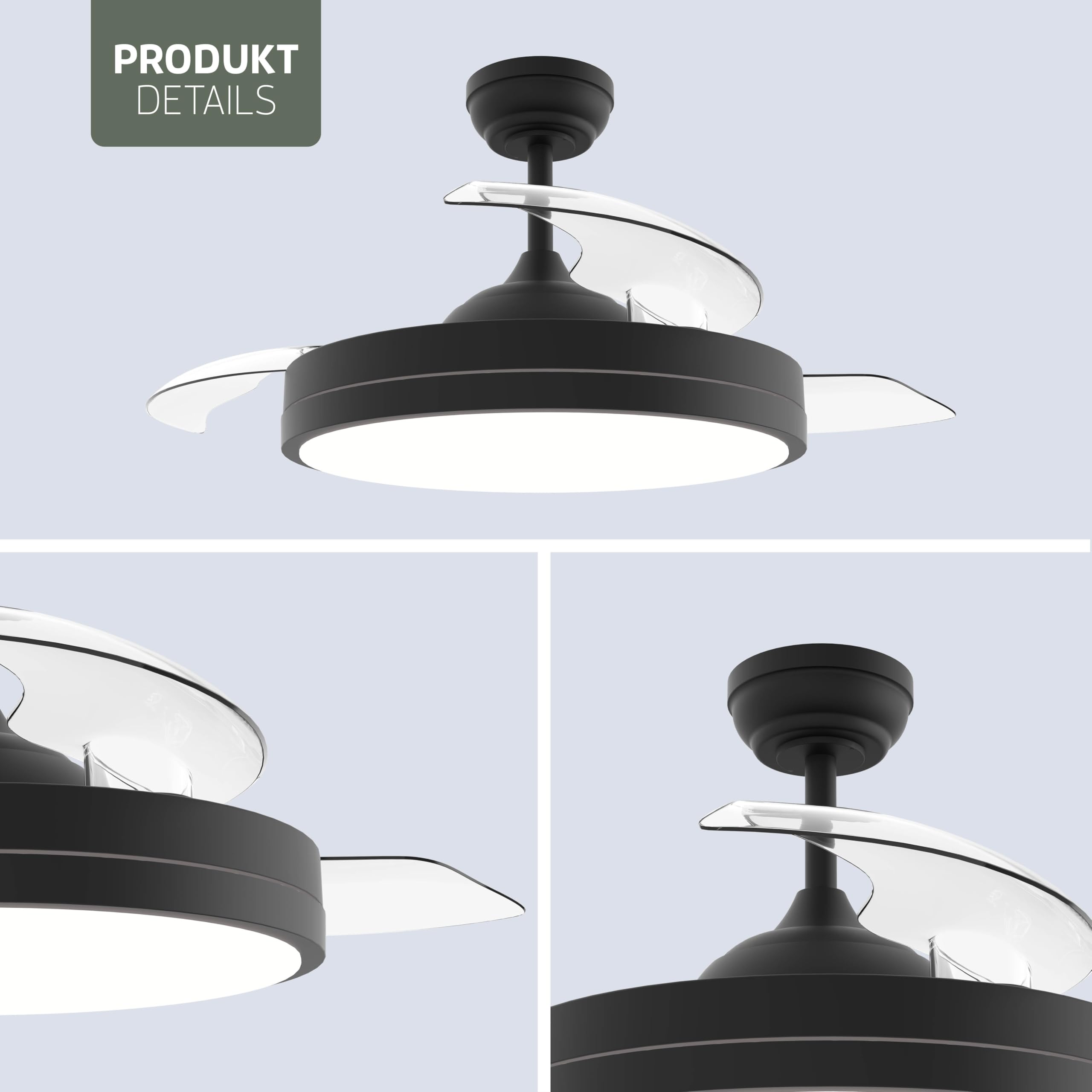Varin® Smart Deckenventilator mit Beleuchtung, Tuya WLAN, Ventilator Leise 20dB, LED 36W RGBW, Fernbedienung, Einziehbare Flügel, Ventilator Lampe Decke, Ø 50 cm/108 cm, Schwarz