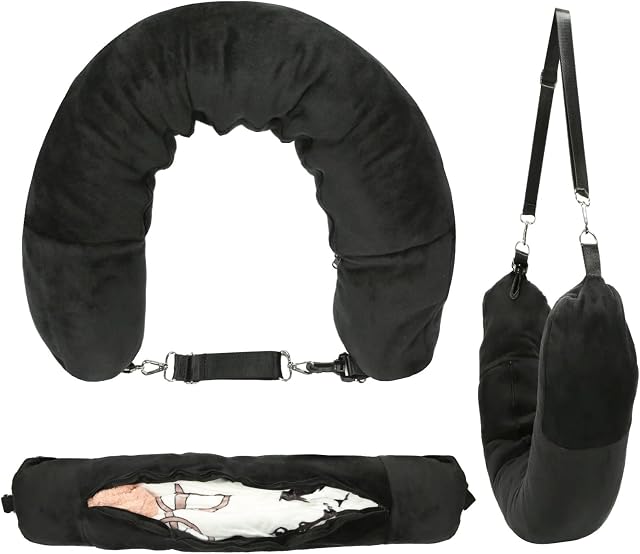 Travel Pillow Stuffable with Clothes, Stuffable U-Shaped Pillow Transformable Neck Pillow for 3-Day Travel Essentials, Soft Velvet Cover, Expandable Luggage Pillowcase, No Filler, Black