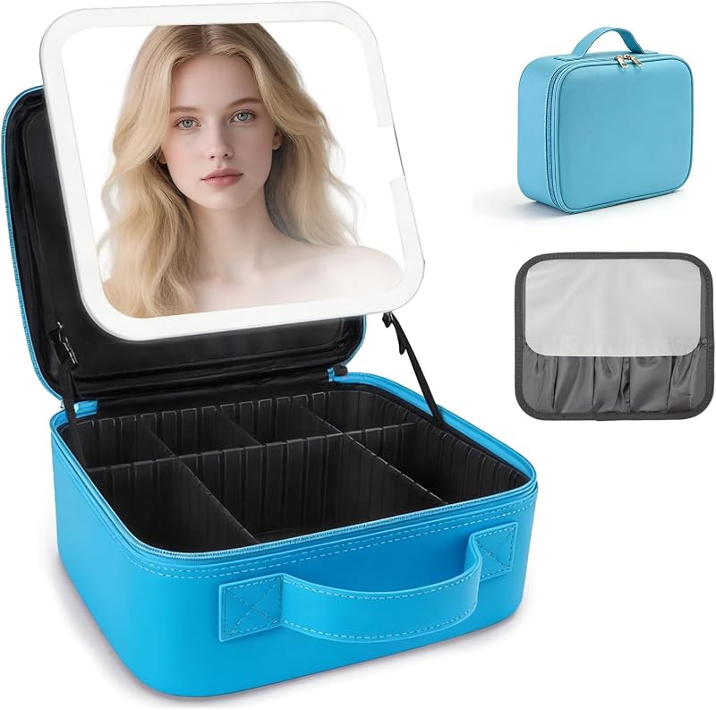 Maleta de maquiagem para viagem SLUMAZI com espelho LED, divisórias ajustáveis e estojo para pincéis, azul