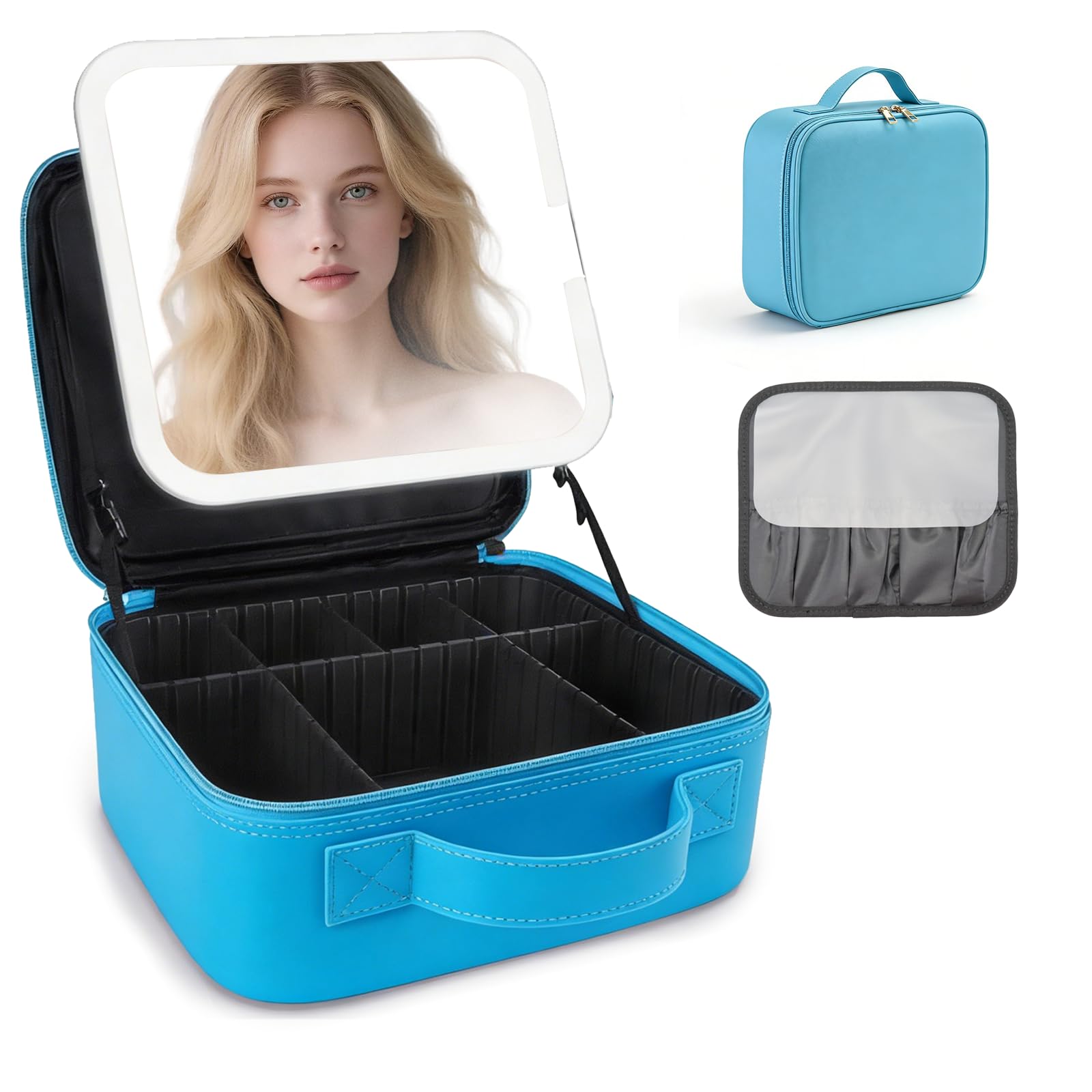 Make-up-Tasche mit LED-Spiegel, Reise-Make-up-Organizer mit 3 beleuchteten Einstellungen, verstellbaren Trennwänden und Make-up-Pinsel-Aufbewahrung, 8-blau